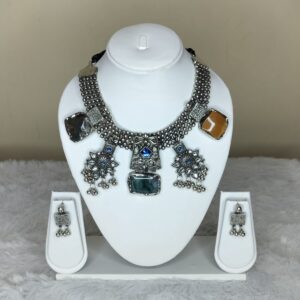 German Silver Natural Stone Indo-Western Statement Necklace