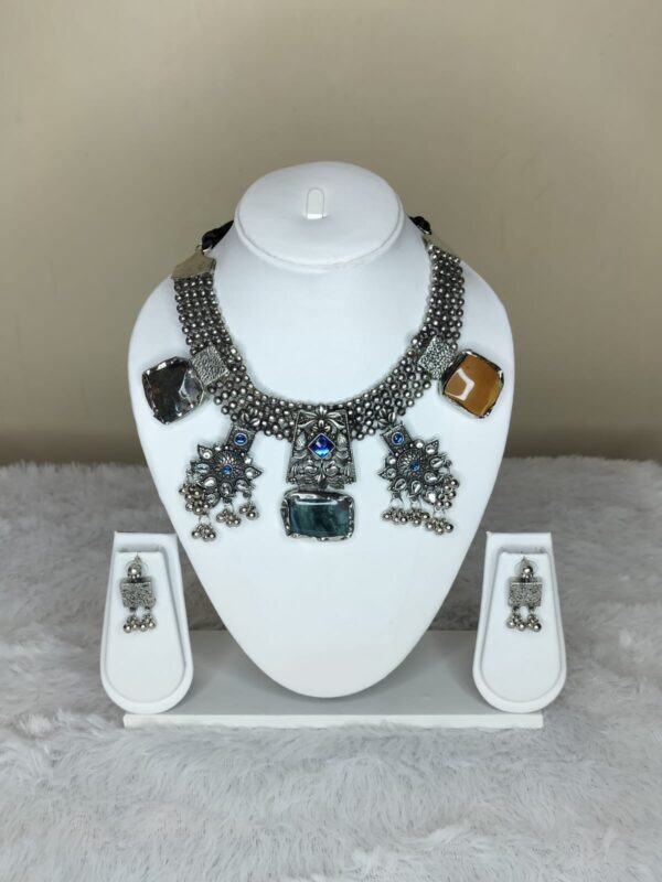 German Silver Natural Stone Indo-Western Statement Necklace