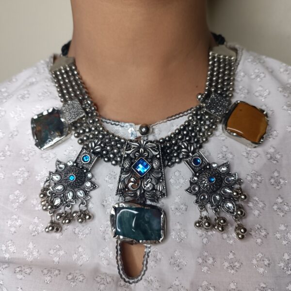 German Silver Natural Stone Indo-Western Statement Necklace