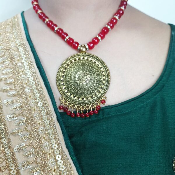 Glass bead Red & Golden Necklace with Jhumka