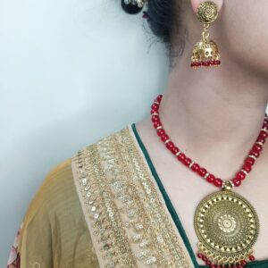 Glass bead Red & Golden Necklace with Jhumka