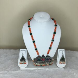 Orange & Green Glassbeads Long Necklace