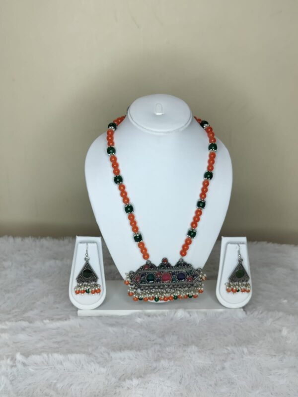 Orange & Green Glassbeads Long Necklace