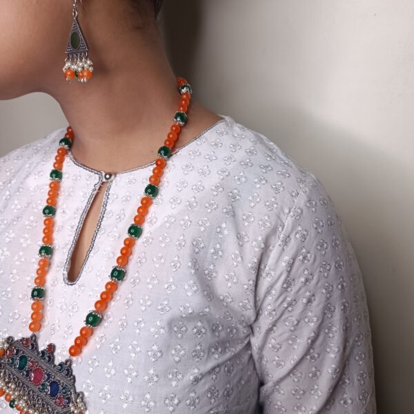 Orange & Green Glassbeads Long Necklace