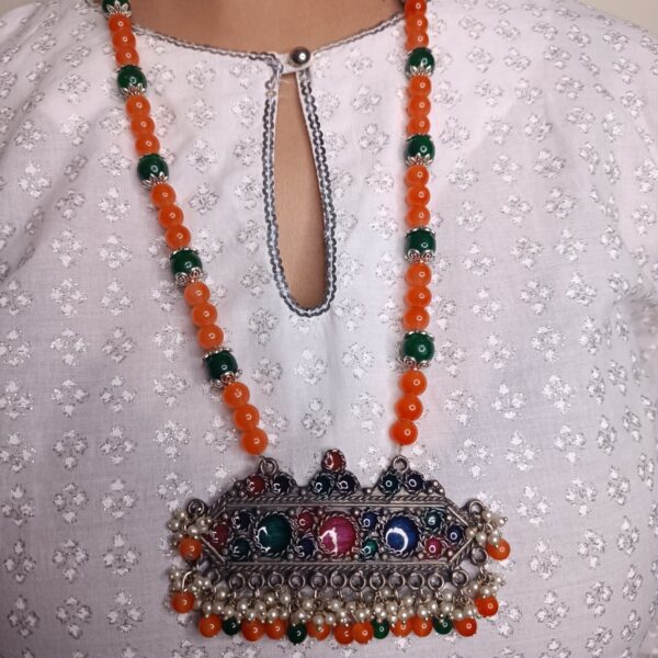 Orange & Green Glassbeads Long Necklace