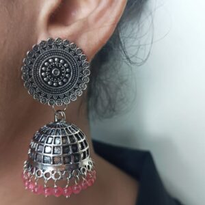 Oxidise Jhumka with Pink beads