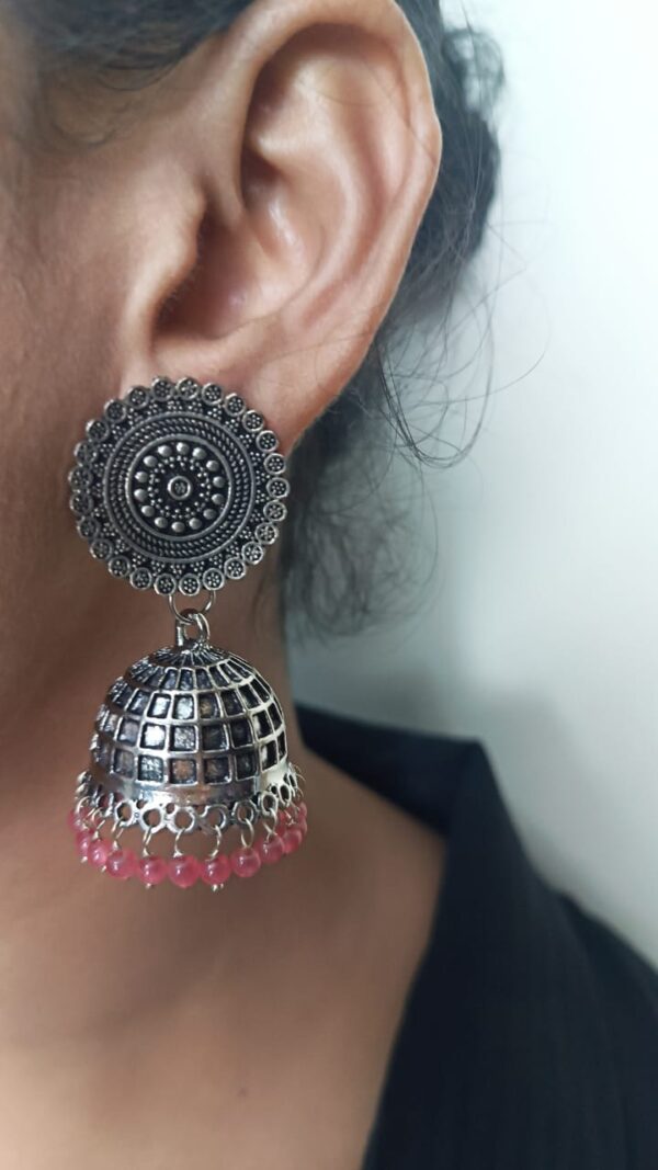 Oxidise Jhumka with Pink beads