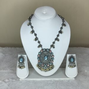 Oxidised Designer Long Necklace with Blue Stone