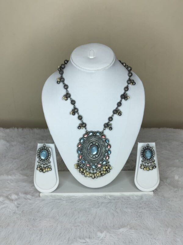 Oxidised Designer Long Necklace with Blue Stone