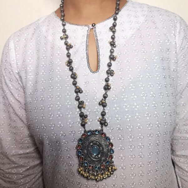 Oxidised Designer Long Necklace with Blue Stone