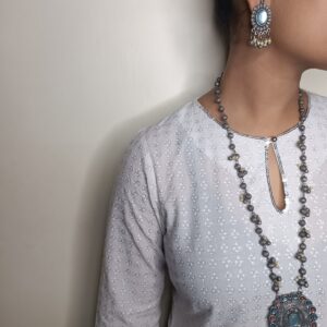 Oxidised Designer Long Necklace with Blue Stone