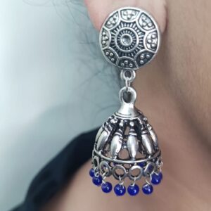 Oxidised Jhumka with Blue Beads