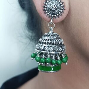 Oxidised Jhumka with Double Layer Green Beads