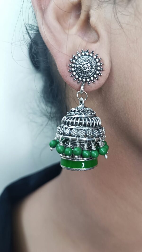 Oxidised Jhumka with Double Layer Green Beads