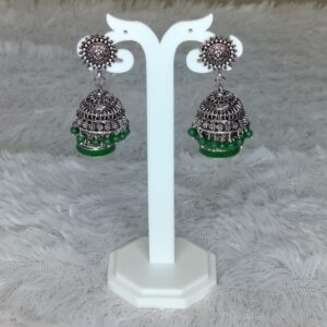 Oxidised Jhumka with Double Layer Green Beads