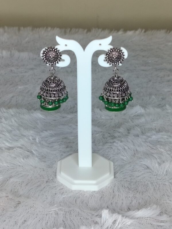 Oxidised Jhumka with Double Layer Green Beads