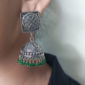 Oxidised Jhumka with Green Beads