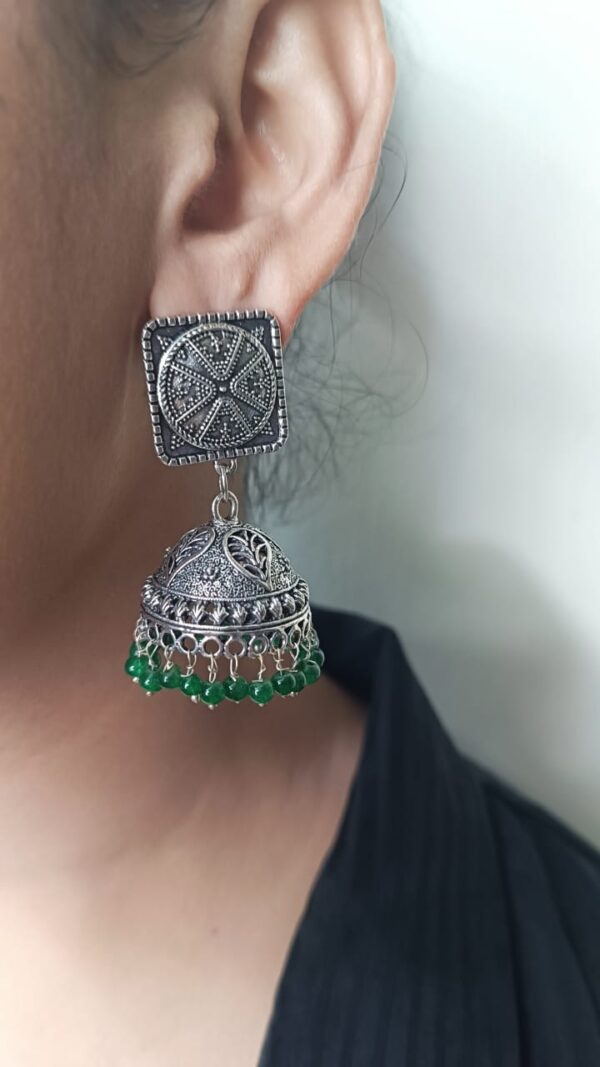 Oxidised Jhumka with Green Beads