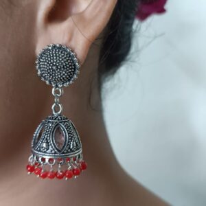 Oxidised Jhumka with Orange Beads