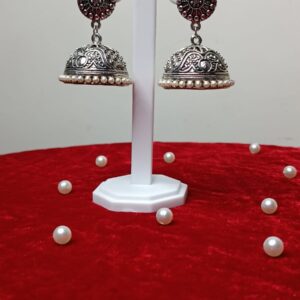 Oxidised Silver Jhumka with White Beads