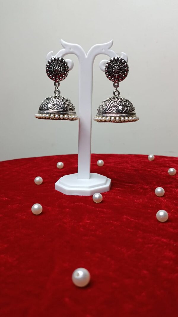 Oxidised Silver Jhumka with White Beads