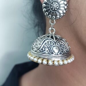 Oxidised Silver Jhumka with White Beads