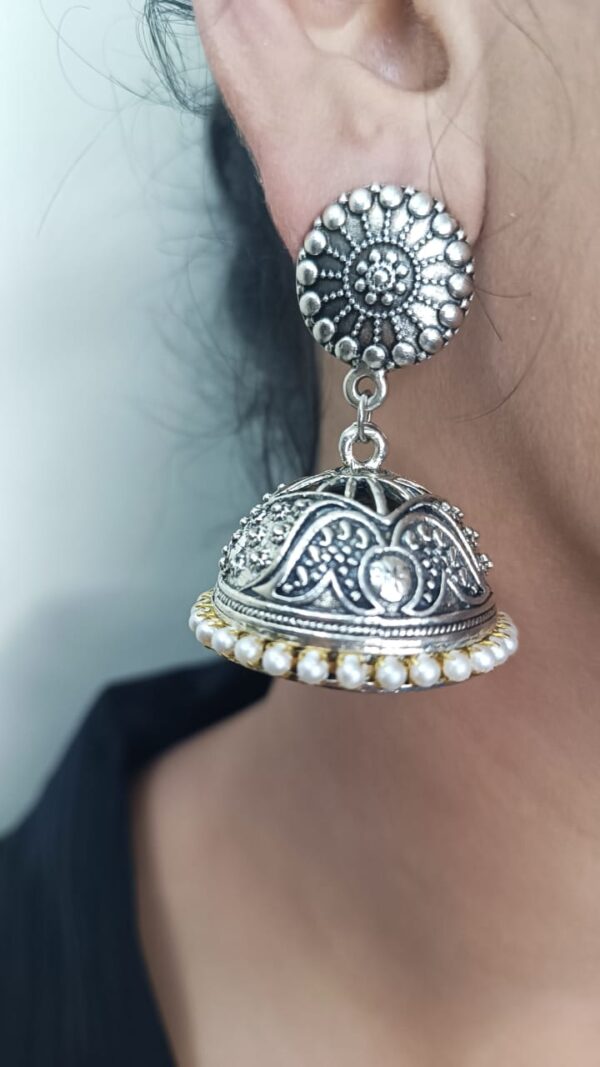 Oxidised Silver Jhumka with White Beads