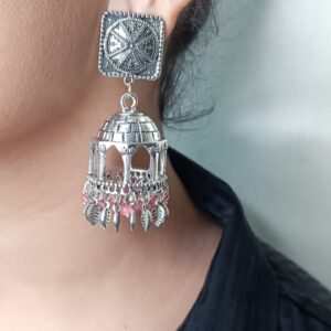 Oxidised Silver tone Jhumka with Pink beads