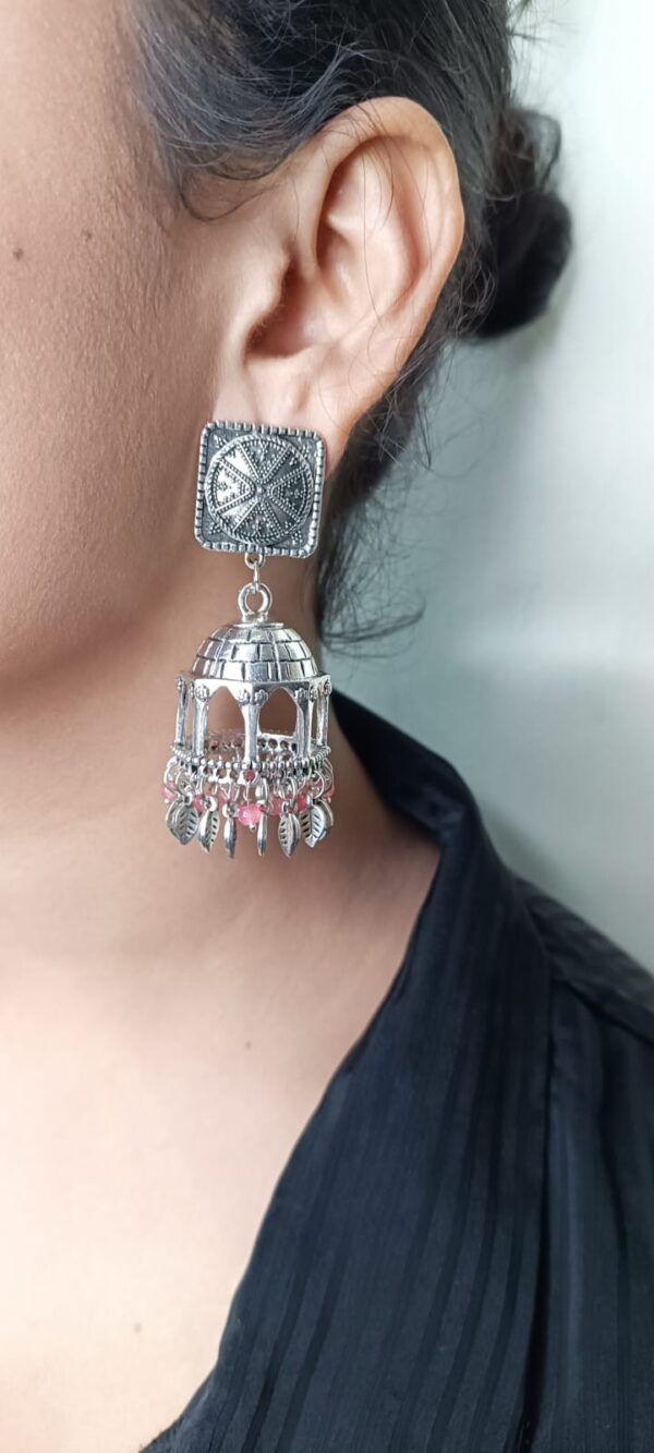 Oxidised Silver tone Jhumka with Pink beads