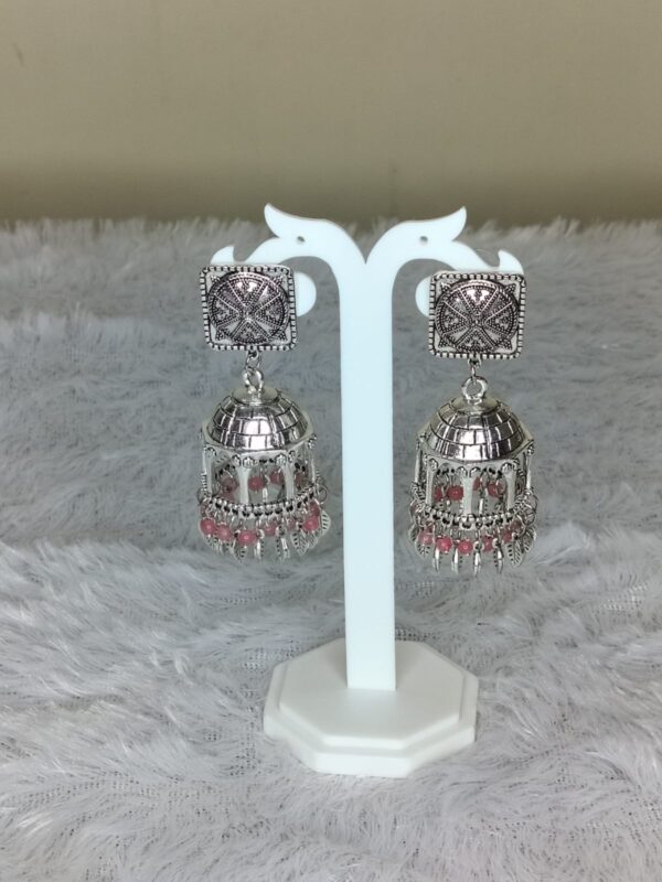 Oxidised Silver tone Jhumka with Pink beads