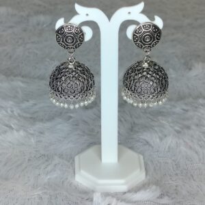 Oxidised & Silver Jhumka with White Hanging Beads