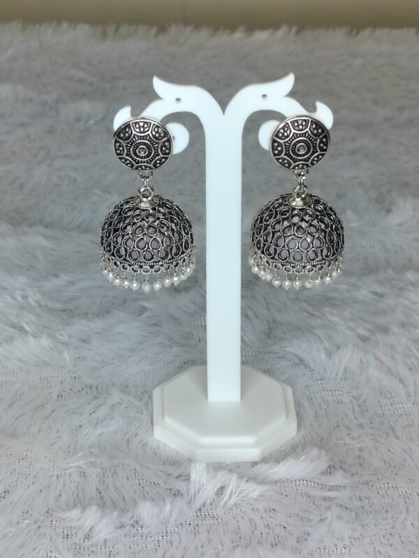 Oxidised & Silver Jhumka with White Hanging Beads