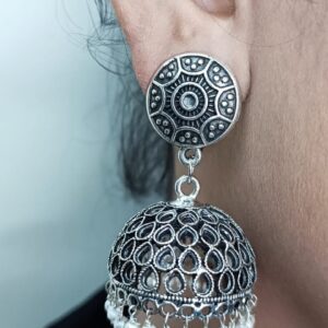 Oxidised & Silver Jhumka with White Hanging Beads