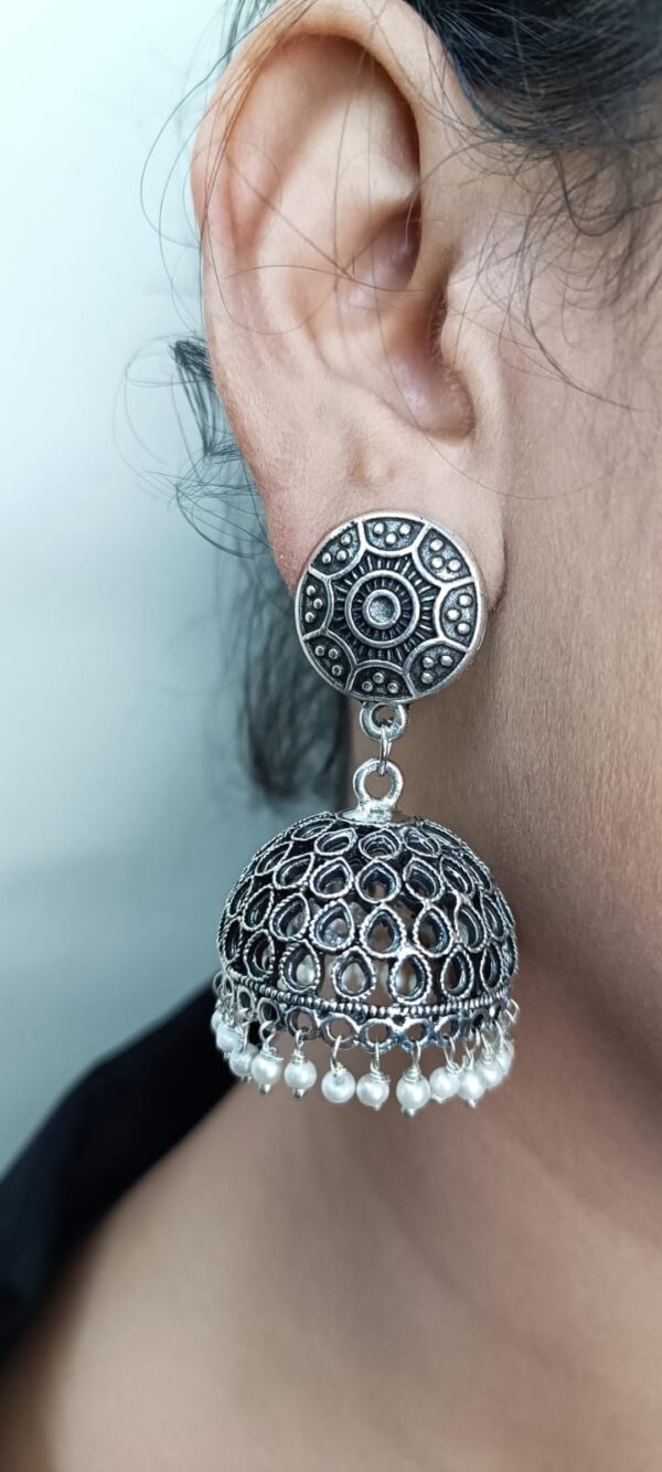 Oxidised & Silver Jhumka with White Hanging Beads