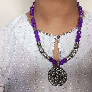 Purple Glassbead Necklace with Oxidized Pendant and Earring