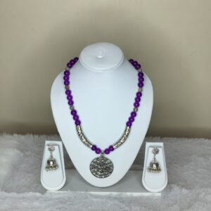 Purple Glassbead Necklace with Oxidized Pendant and Earring