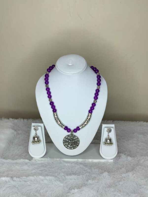 Purple Glassbead Necklace with Oxidized Pendant and Earring