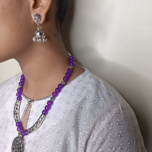 Purple Glassbead Necklace with Oxidized Pendant and Earring