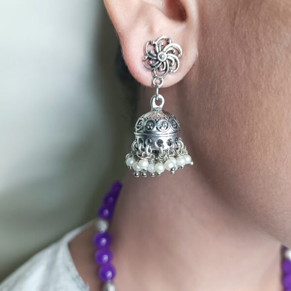 Purple Glassbead Necklace with Oxidized Pendant and Earring