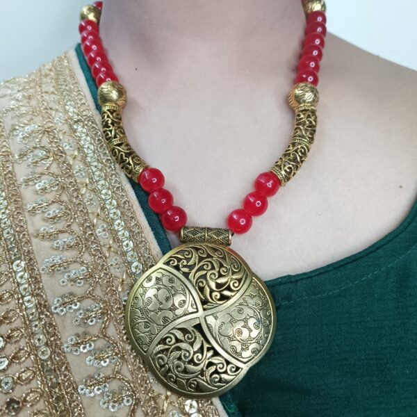 Red Glassbeads with Golden Pipe Necklace with Jhumka