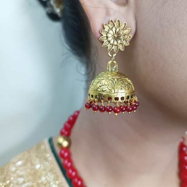 Red Glassbeads with Golden Pipe Necklace with Jhumka