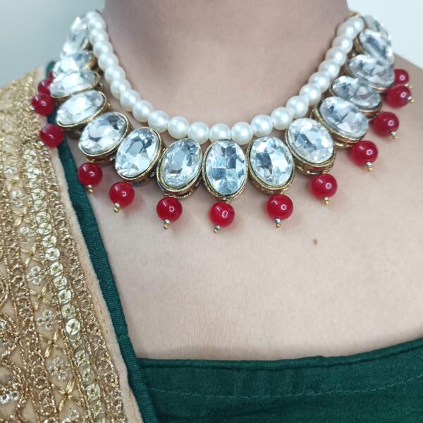 Round Kundan Necklace with Red beads with Matching Earring