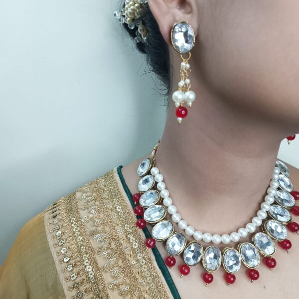 Round Kundan Necklace with Red beads with Matching Earring