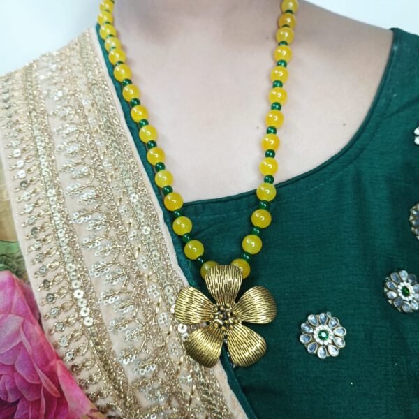 Yellow and Green bead with Flower Necklace Jhumka