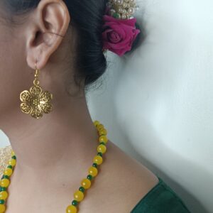 Yellow and Green bead with Flower Necklace Jhumka